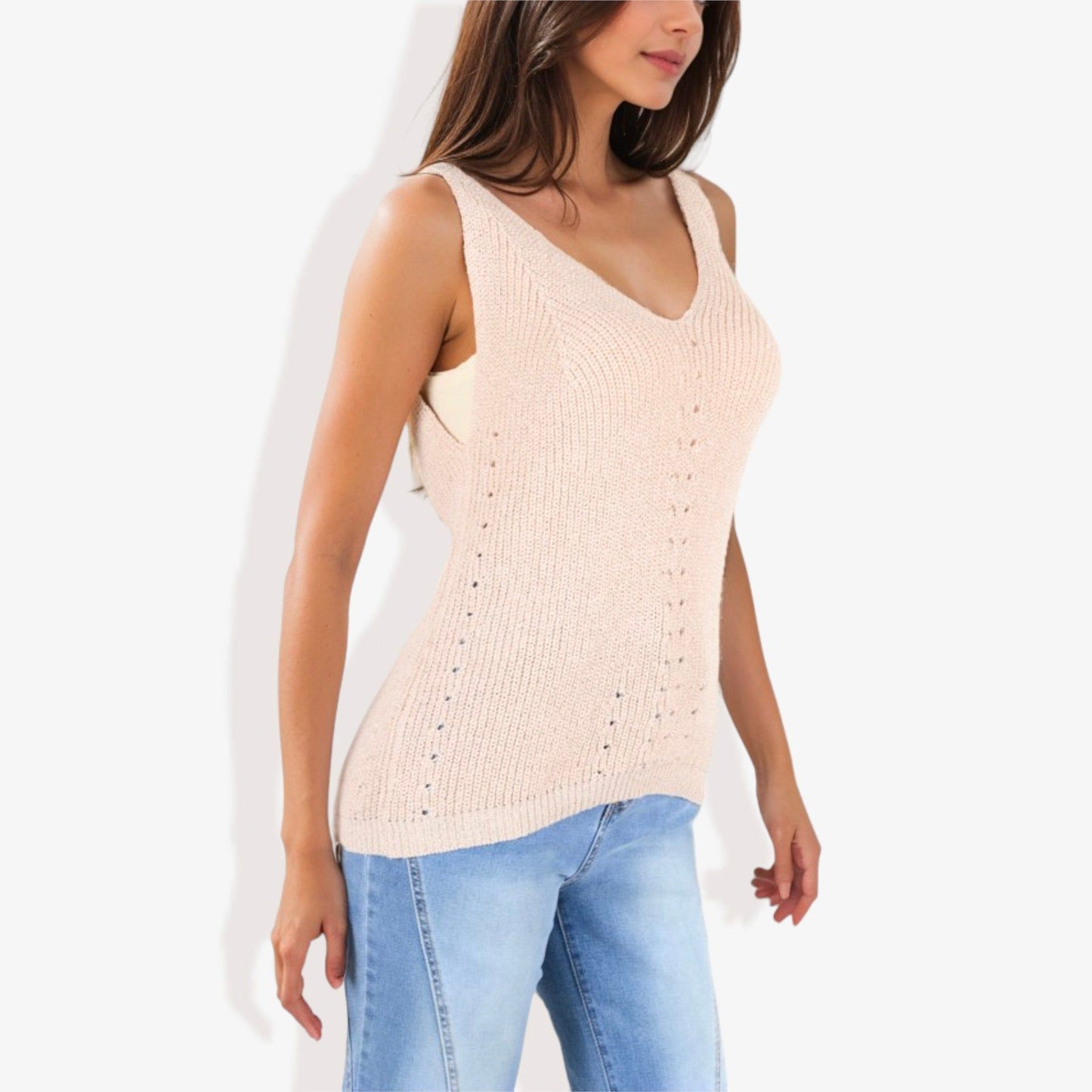 V-Neck Knit Tank Top With Eyelet Detail