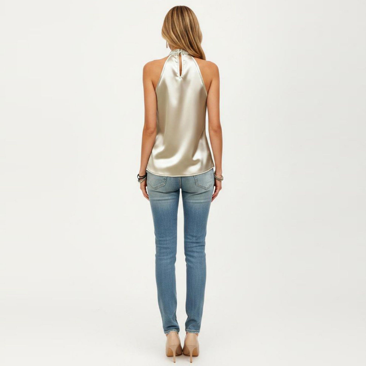 Satin Halter Top with Faux Pearl Neckline and Smooth Draped Finish