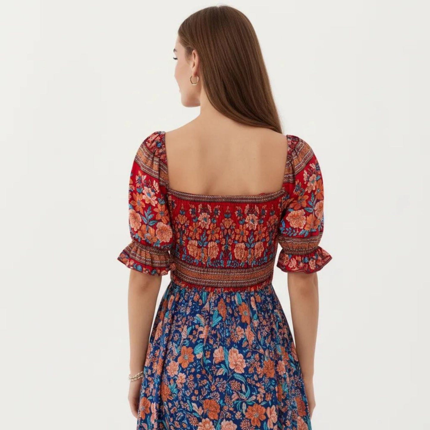 Puff Sleeve Maxi Dress with Mixed Floral Print and Border Hem