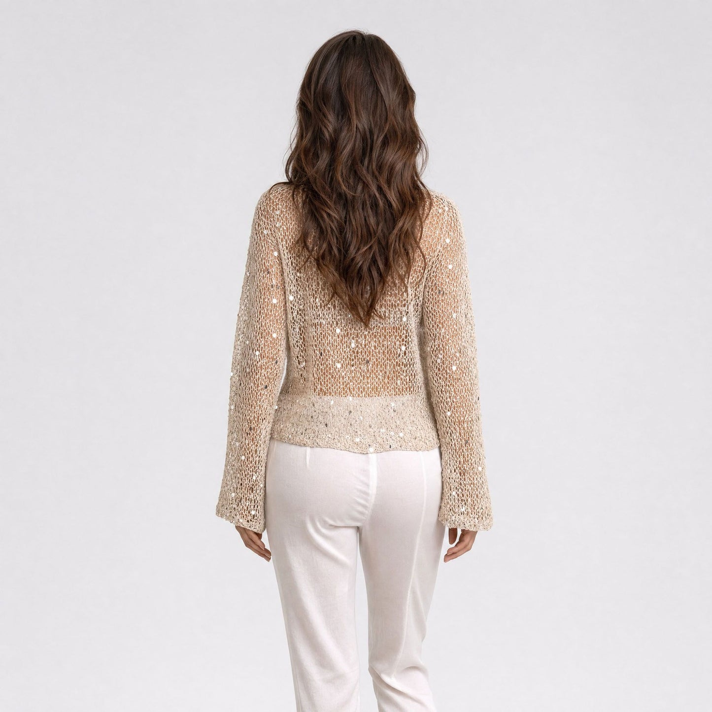 Sequin Open Knit Long Sleeve Sheer Pullover Top