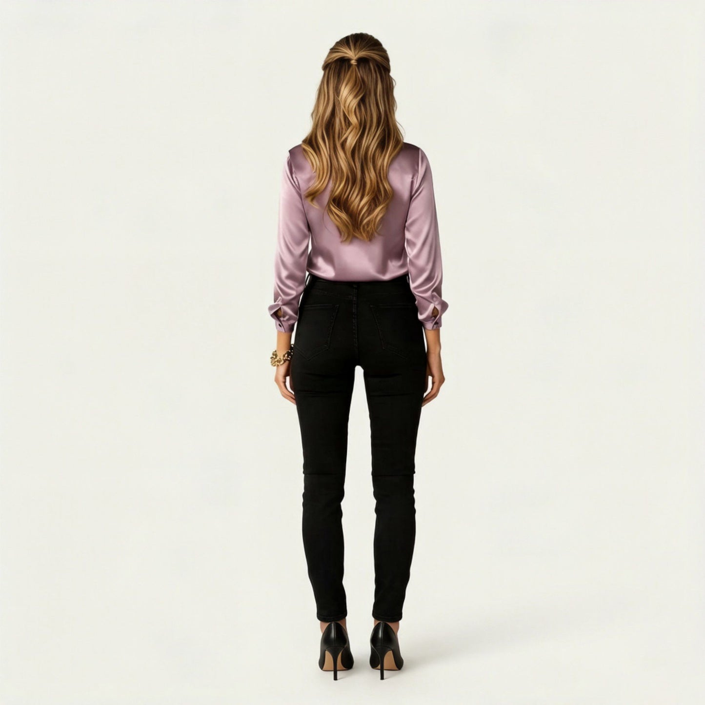 Satin Button Down Blouse with Collared Neckline and Three Quarter Sleeves