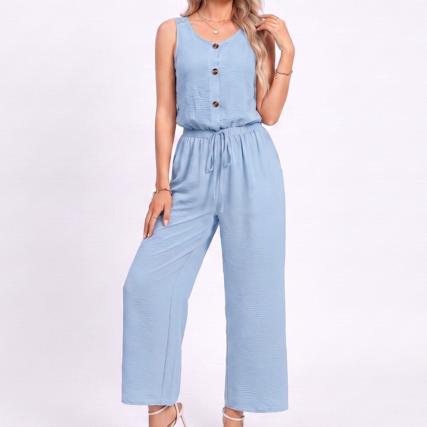 Sleeveless Button Front Jumpsuit with Crochet Lace Back