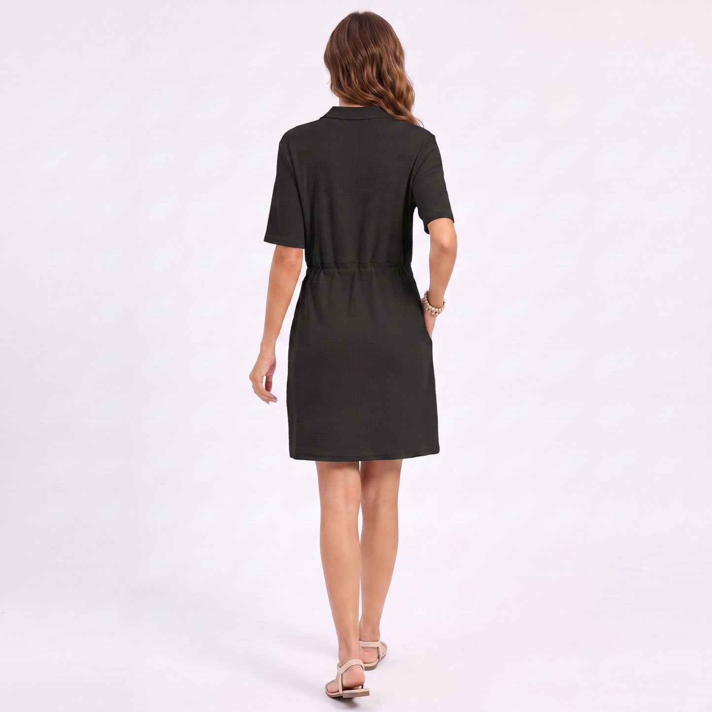 Waffle Knit Collared V-Neck Drawstring Short Dress