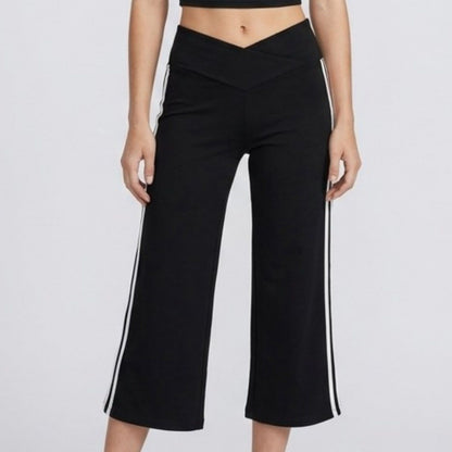 Crossover Waistband Side-Stripe Cropped Wide-Leg Trousers