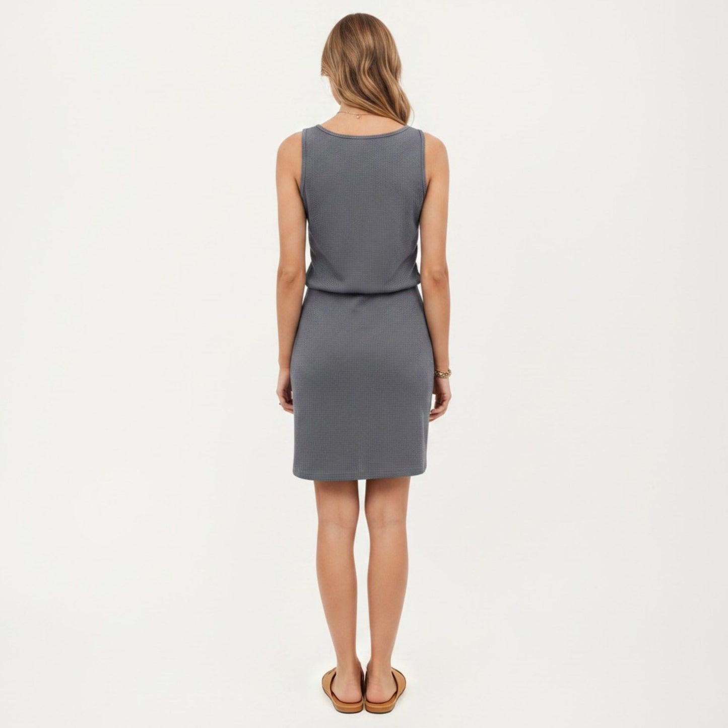 Sleeveless Tank Dress with Scoop Neck Adjustable Drawstring Waist Fitted Casual Mini Dress