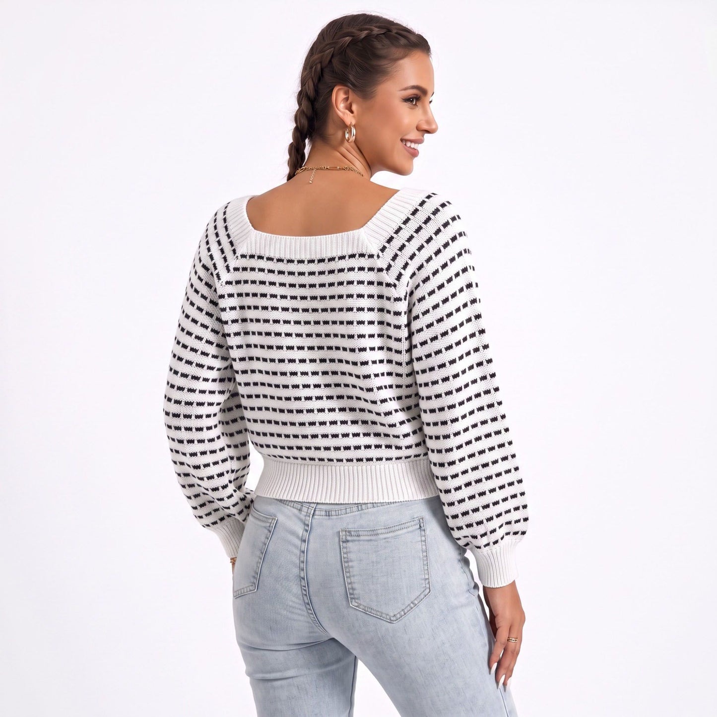 Square Neck Textured Stripe Balloon Sleeve Knit Sweater