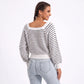 Square Neck Textured Stripe Balloon Sleeve Knit Sweater