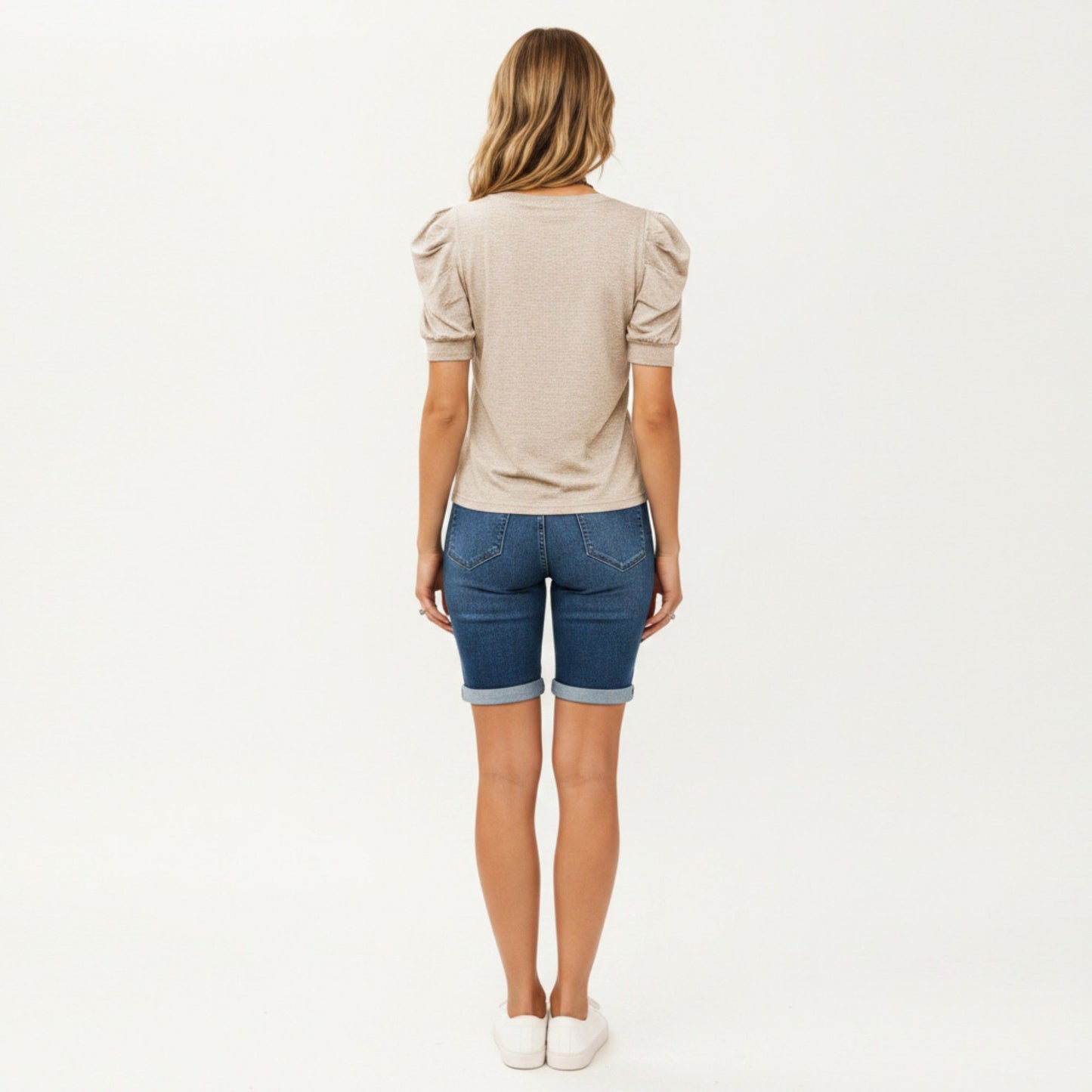 Short Sleeve Puff Sleeve Knit Top with Crew Neck and Soft Textured Fabric