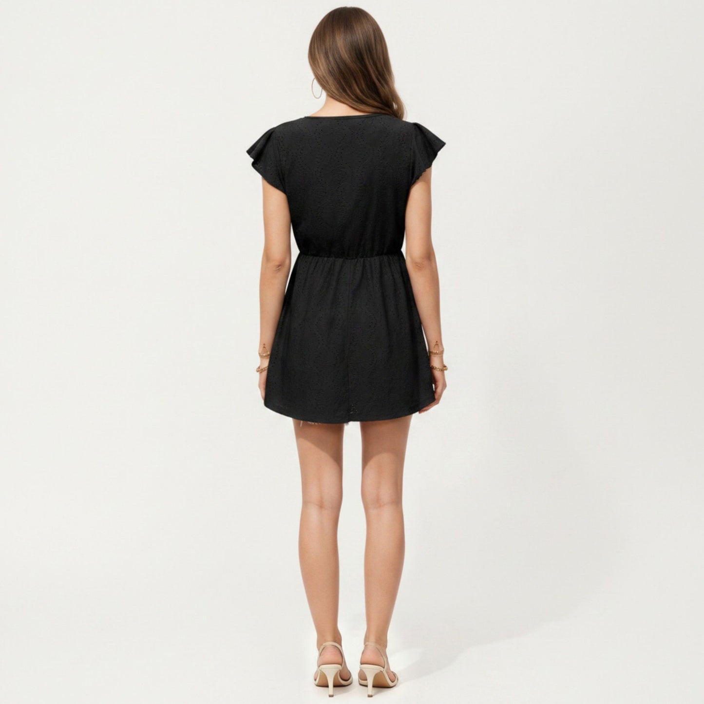 Eyelet Babydoll Top with V-Neckline Button Front and Flutter Sleeves
