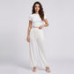 White Crinkle Wide Leg Pants Elastic Drawstring Waist Lace Trim Boho Trousers