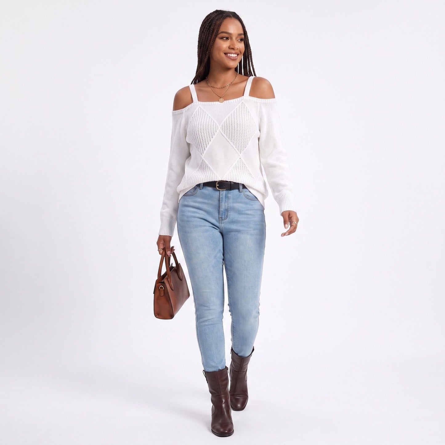 Cold Shoulder Strap Argyle Textured Long Sleeve Knit Sweater