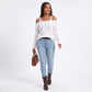 Cold Shoulder Strap Argyle Textured Long Sleeve Knit Sweater