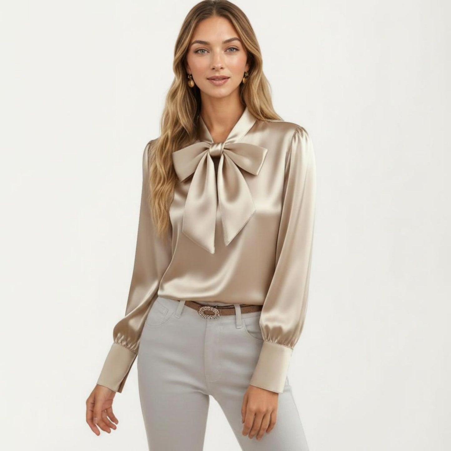 Satin Bow Neck Blouse with Long Puff Sleeves and Wide Cuffs