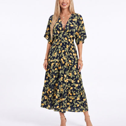 Abstract Floral V Neck Tiered Maxi Dress