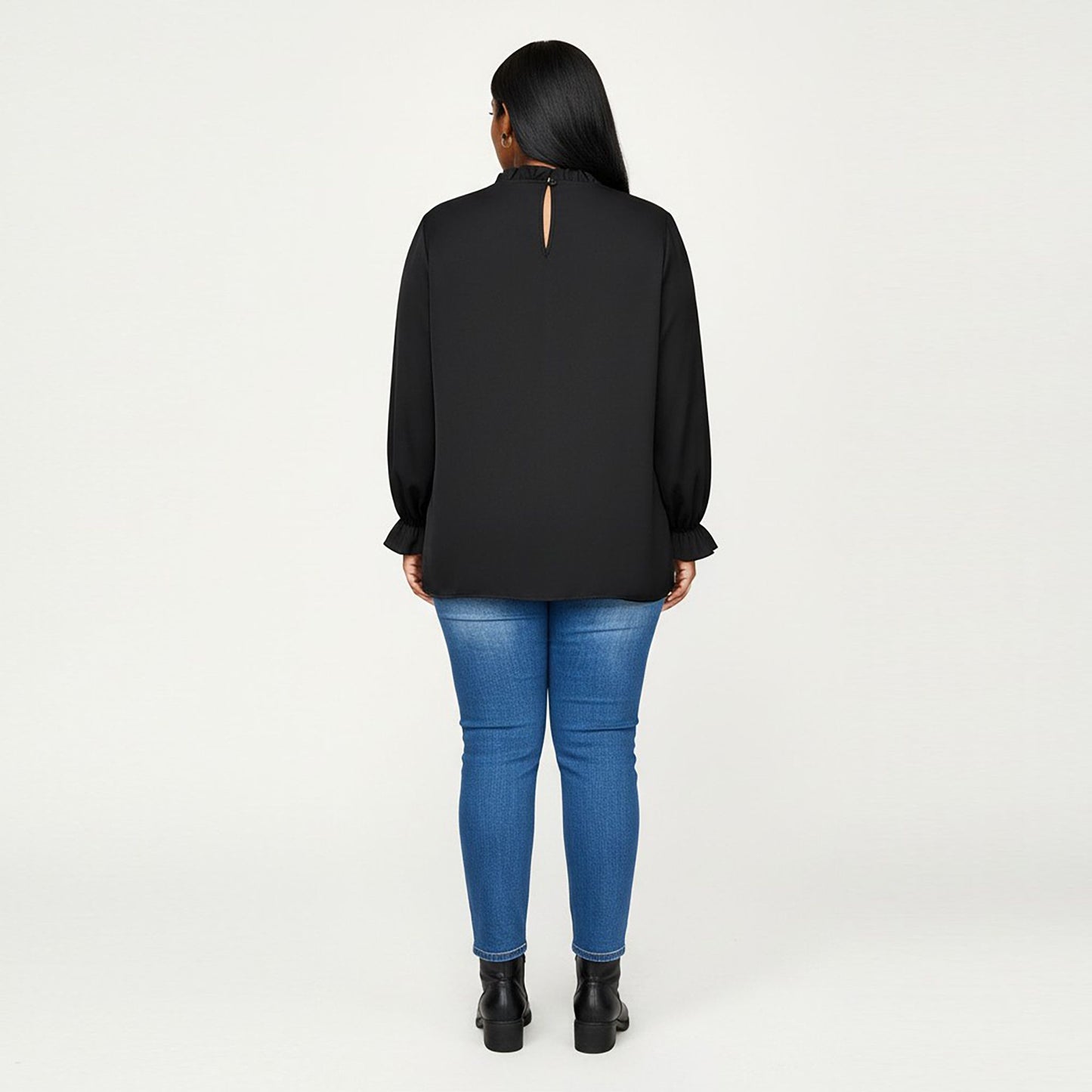 Plus Size Long Sleeve High Neck Pullover Blouse with Textured Sheer Yoke and Gathered Cuffs