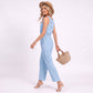 Sleeveless Button Front Jumpsuit with Crochet Lace Back