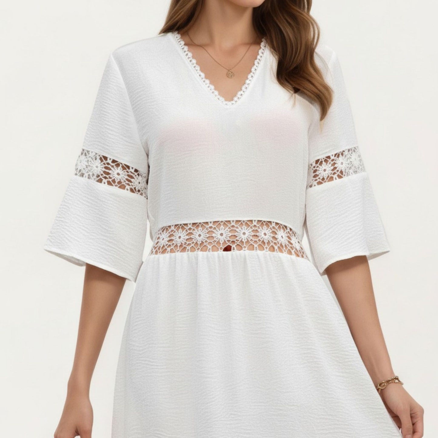 V Neck Midi Dress with Lace Trim Paneling and Short Wide Sleeves Flowing Silhouette