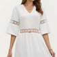 V Neck Midi Dress with Lace Trim Paneling and Short Wide Sleeves Flowing Silhouette