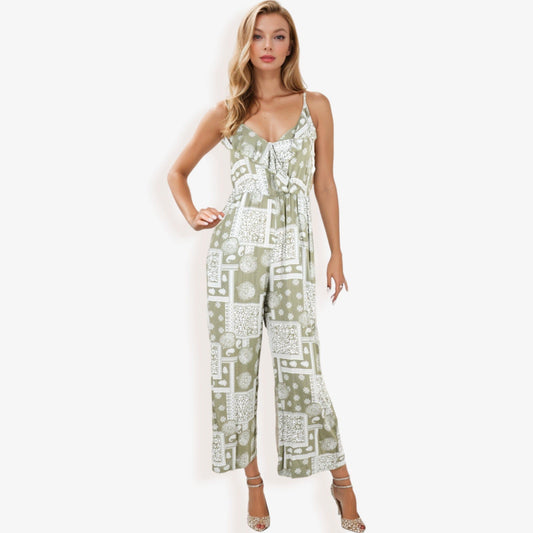 Sleeveless Printed Jumpsuit with V-Neck and Ruffle Details