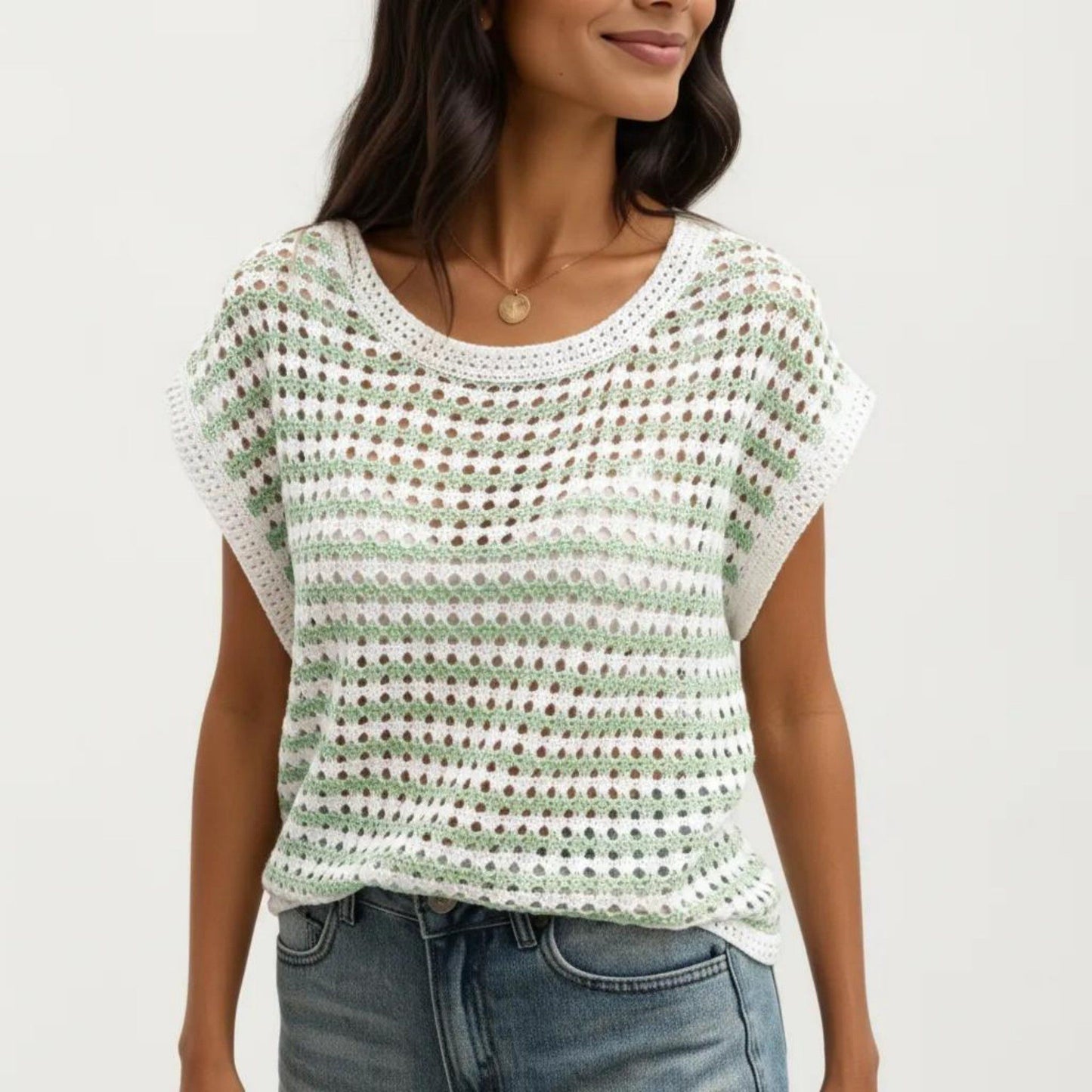 Short Sleeve Striped Crochet Knit Top with Open Stitch Texture and Relaxed Fit