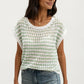 Short Sleeve Striped Crochet Knit Top with Open Stitch Texture and Relaxed Fit