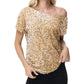 Off-Shoulder Sequin Short Sleeve Top with Relaxed Fit