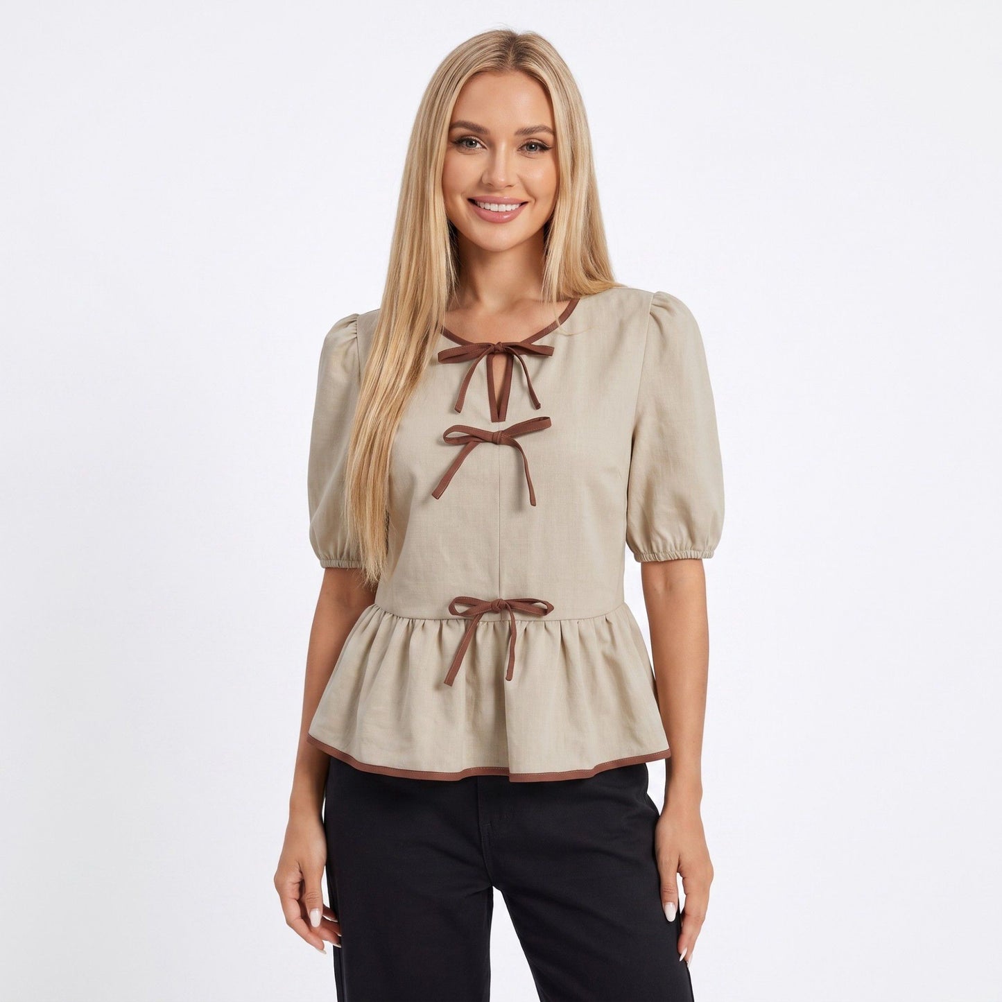 Peplum Blouse Puff Short Sleeve Contrast Trim Woven Top