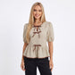 Peplum Blouse Puff Short Sleeve Contrast Trim Woven Top