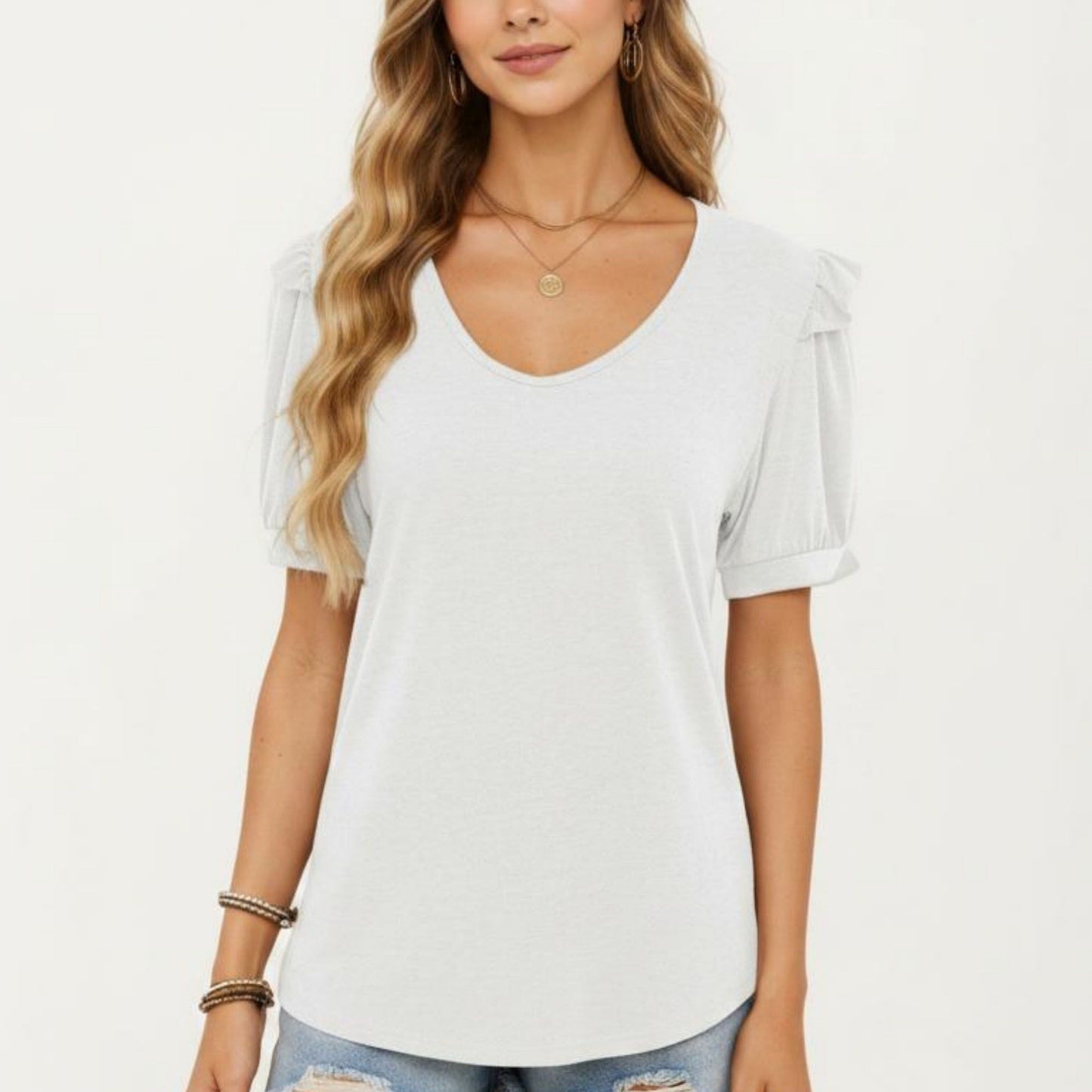 Short Puff Sleeve Top with Scoop Neck Textured Knit Relaxed Fit Casual Shirt