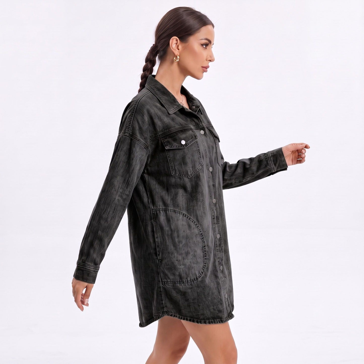 Washed Denim Shirt Jacket Long Sleeve Snap Front Oversized Shacket with Pockets