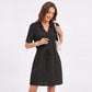 Waffle Knit Collared V-Neck Drawstring Short Dress