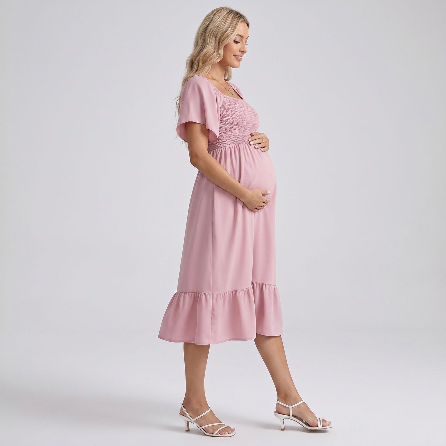 Maternity Off Shoulder Smocked Maxi Dress with Short Sleeves and Flowy Skirt