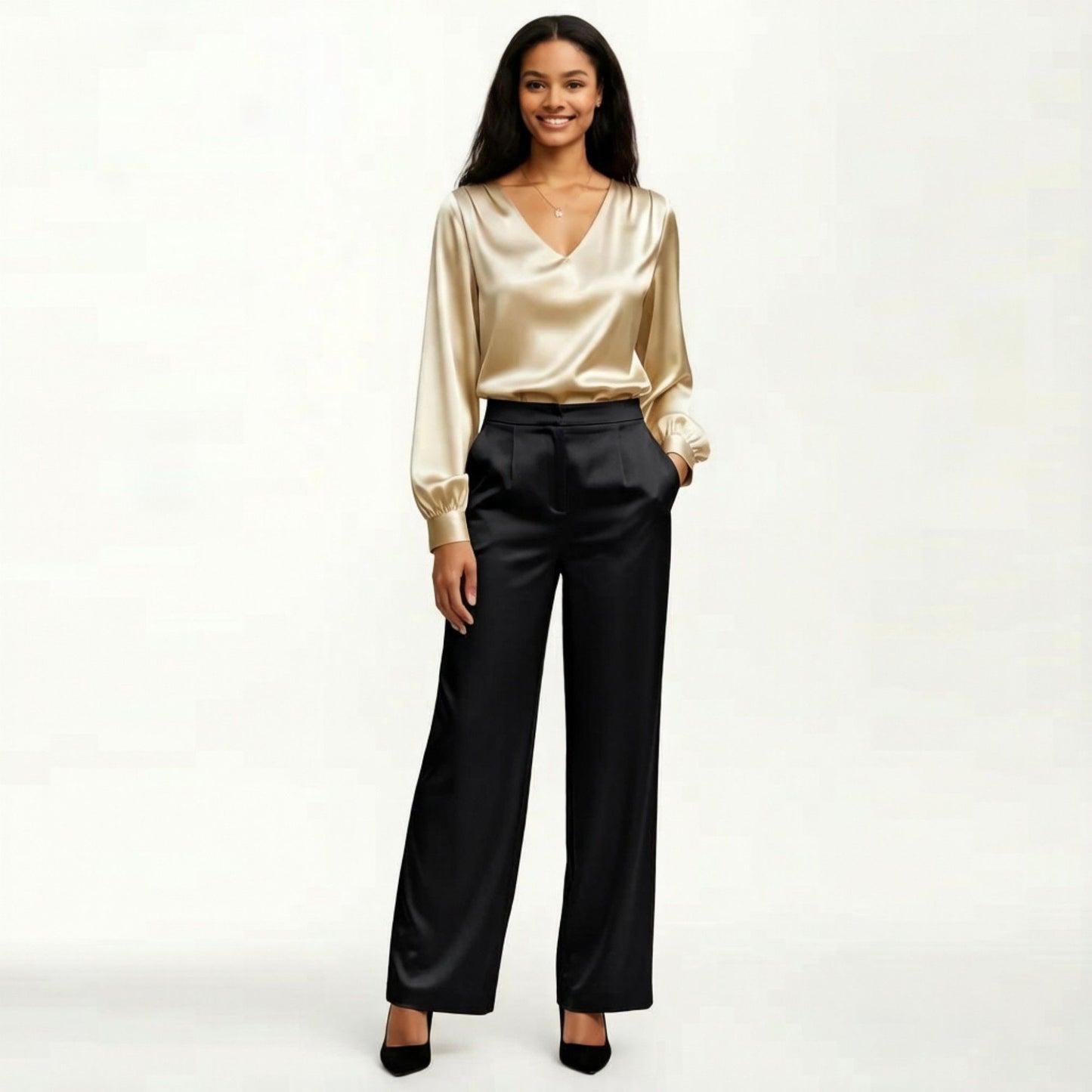 Satin V-Neck Blouse with Long Balloon Sleeves and Wide Cuffs
