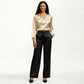 Satin V-Neck Blouse with Long Balloon Sleeves and Wide Cuffs