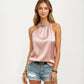 Satin Halter Top with Faux Pearl Neckline and Smooth Draped Finish