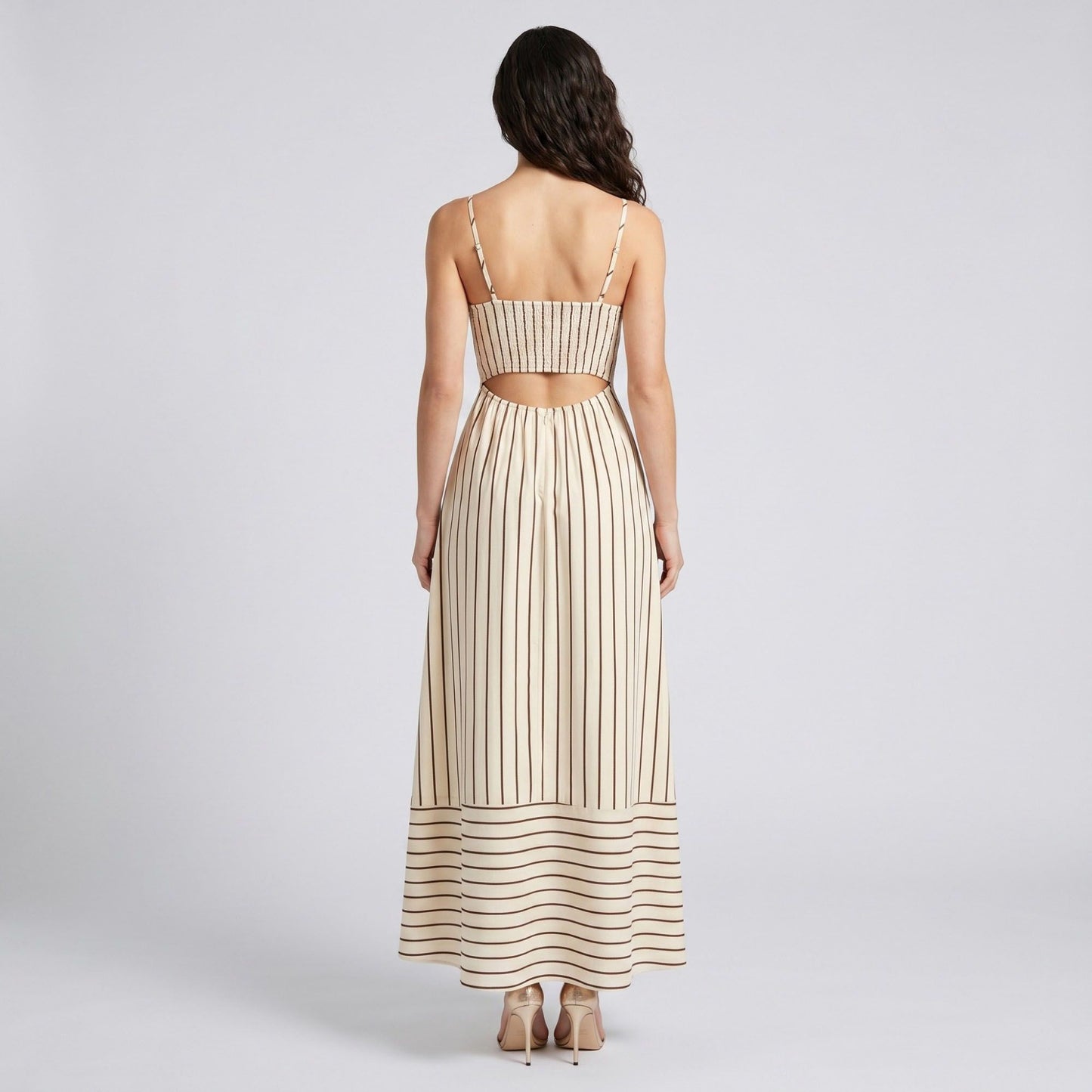 Striped Square Neck Sleeveless Maxi Dress with Fitted Bodice Adjustable Straps and Flowy Tiered A-Line Skirt