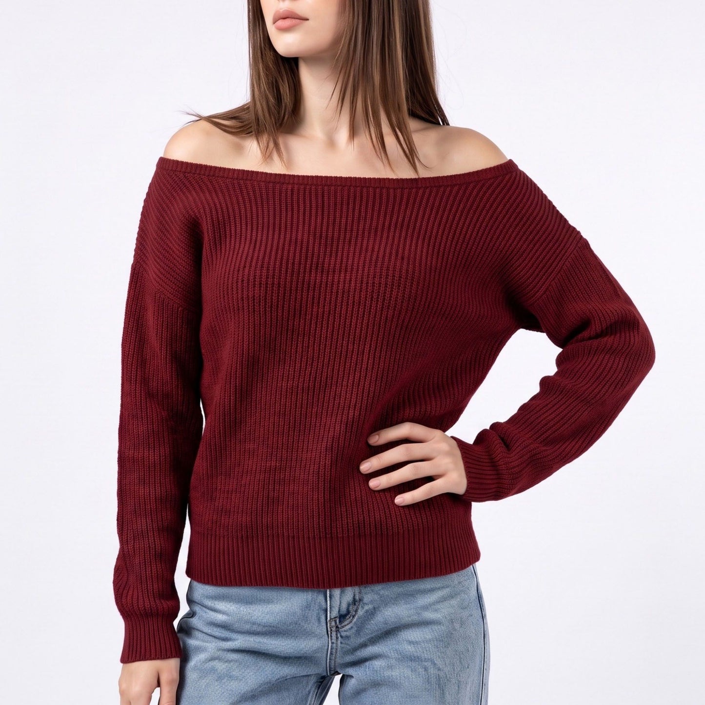 Off Shoulder Ribbed Knit Pullover Sweater