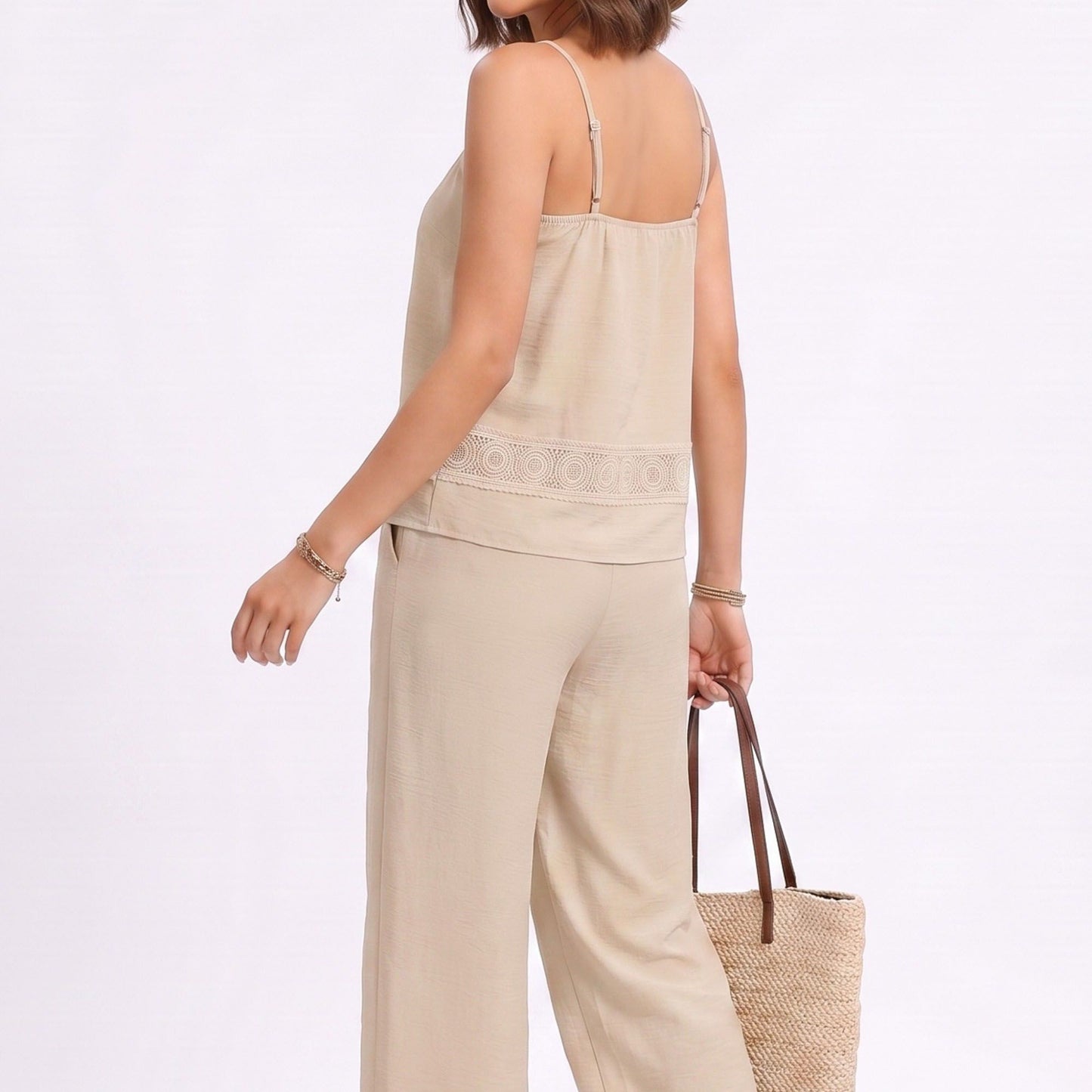 Sleeveless Button Front Jumpsuit with Crochet Lace Back