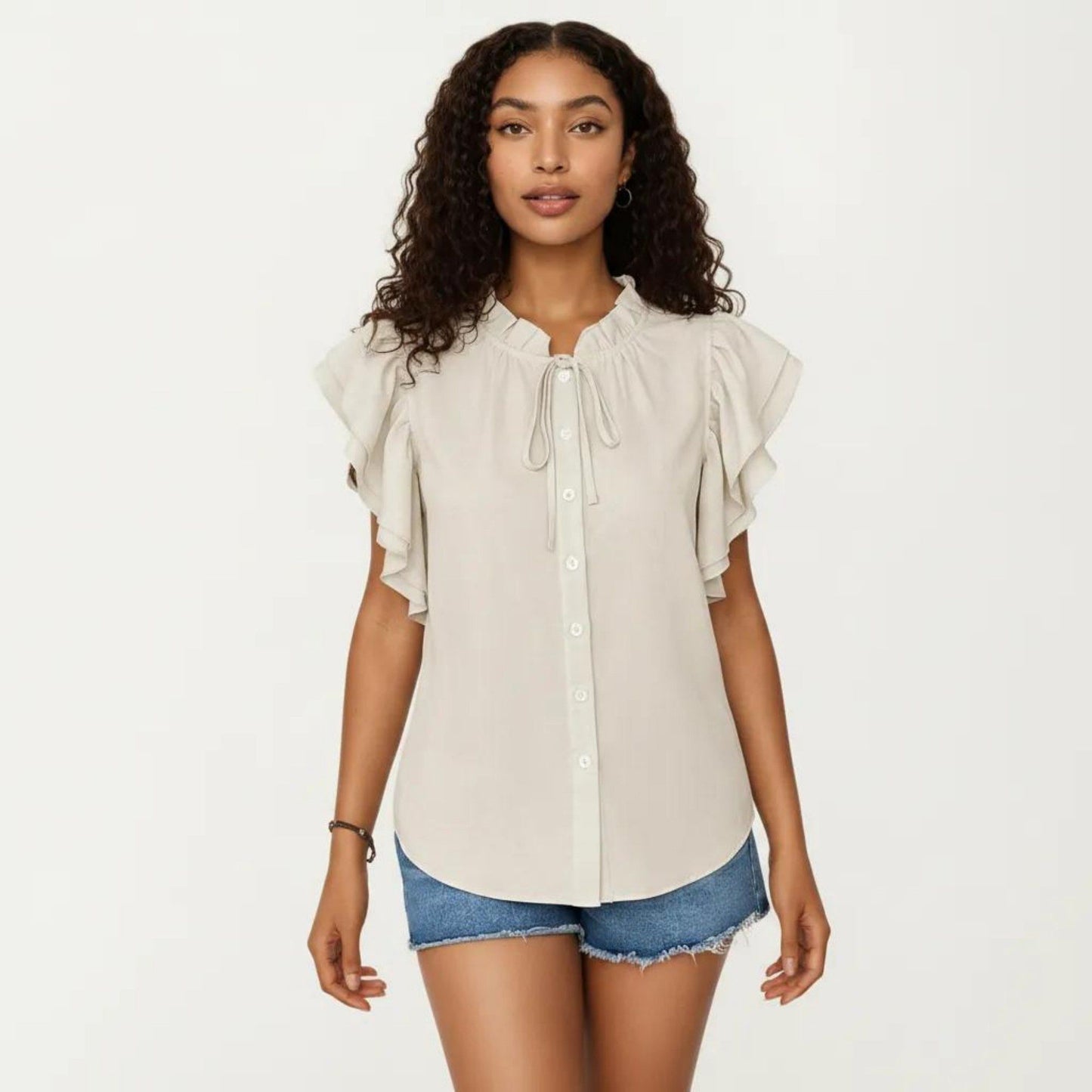Ruffle Flutter Sleeve Button Down Blouse with Tie Neck