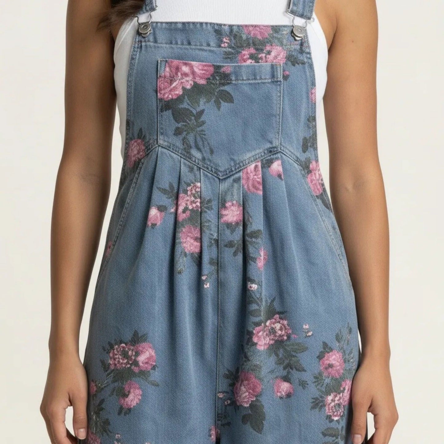 Floral Denim Overall Jumpsuit Wide Leg Adjustable Strap Loose Fit Casual Overalls