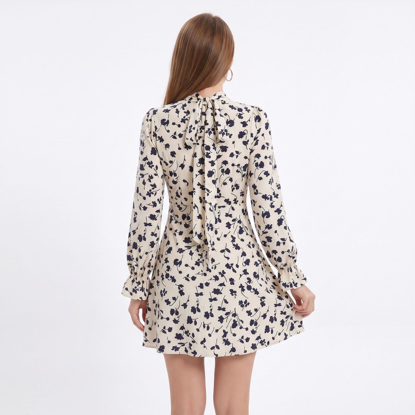 Floral Print Mini Dress V Neck Ruched Long Sleeve A Line Dress