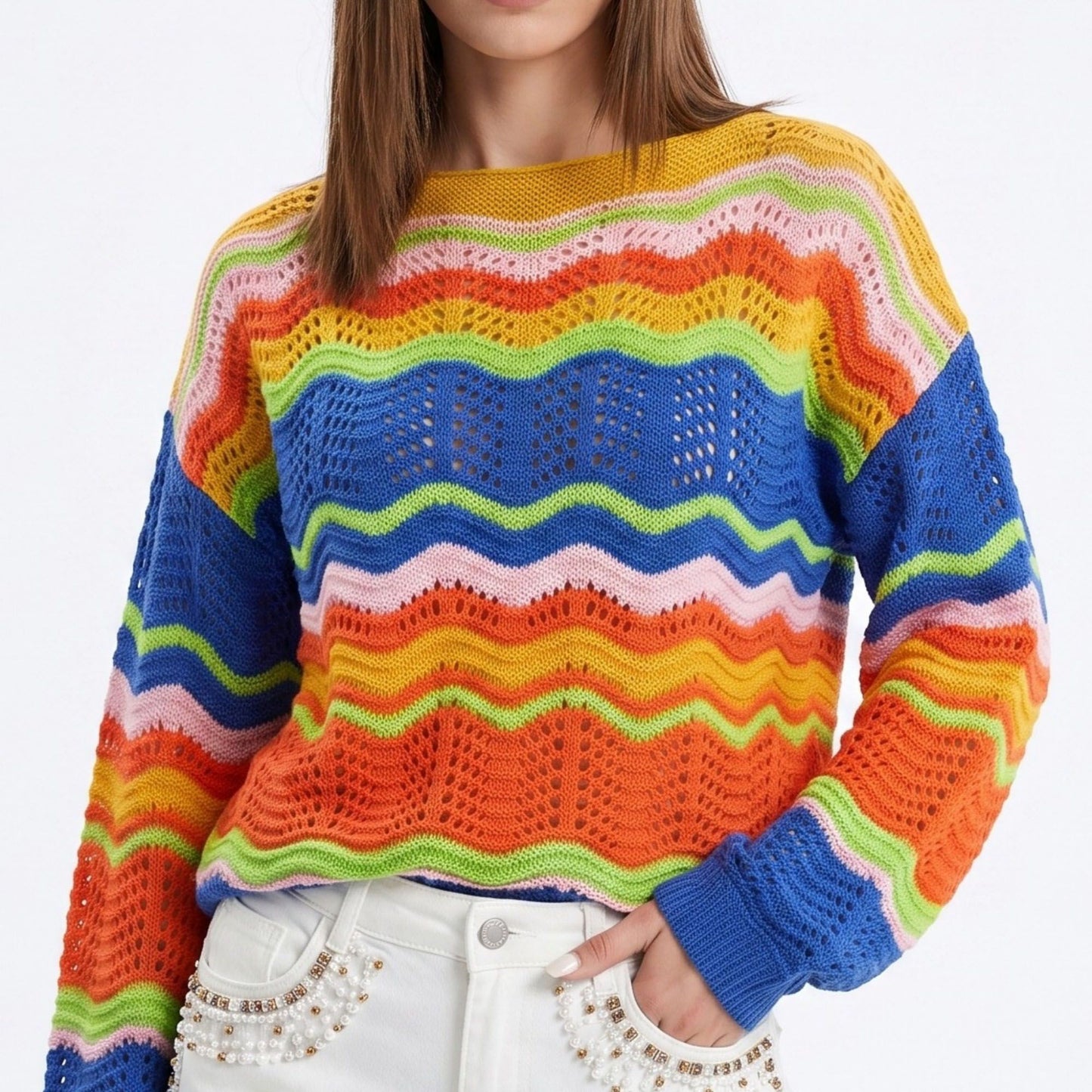 Multicolor Wave Stripe Openwork Knit Long Sleeve Pullover Sweater