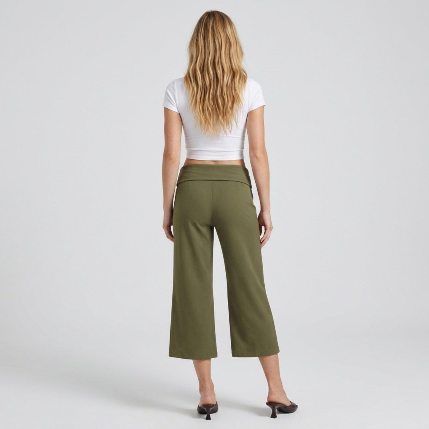 Foldover Waistband Cropped Wide-Leg Trousers