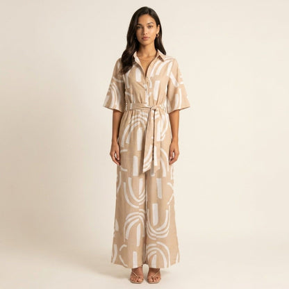 Printed Wide Leg Jumpsuit Button Front Short Sleeve Tie Waist Relaxed Fit One Piece