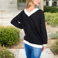 V-Neck Waffle Knit Long Sleeve Top Contrast Trim Relaxed Fit