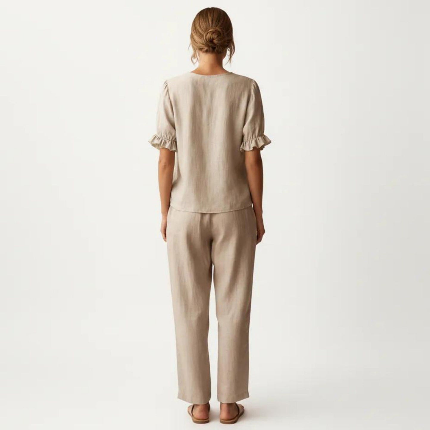 Ruffle Neck Blouse with Short Puff Sleeves and Textured Linen-Like Fabric
