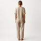 Ruffle Neck Blouse with Short Puff Sleeves and Textured Linen-Like Fabric