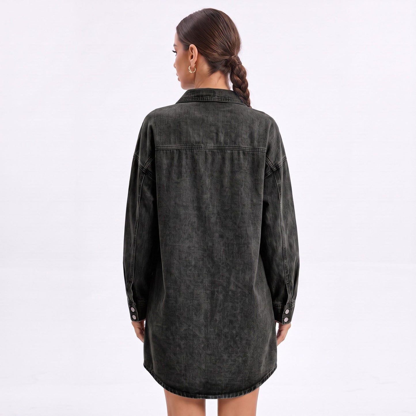 Washed Denim Shirt Jacket Long Sleeve Snap Front Oversized Shacket with Pockets