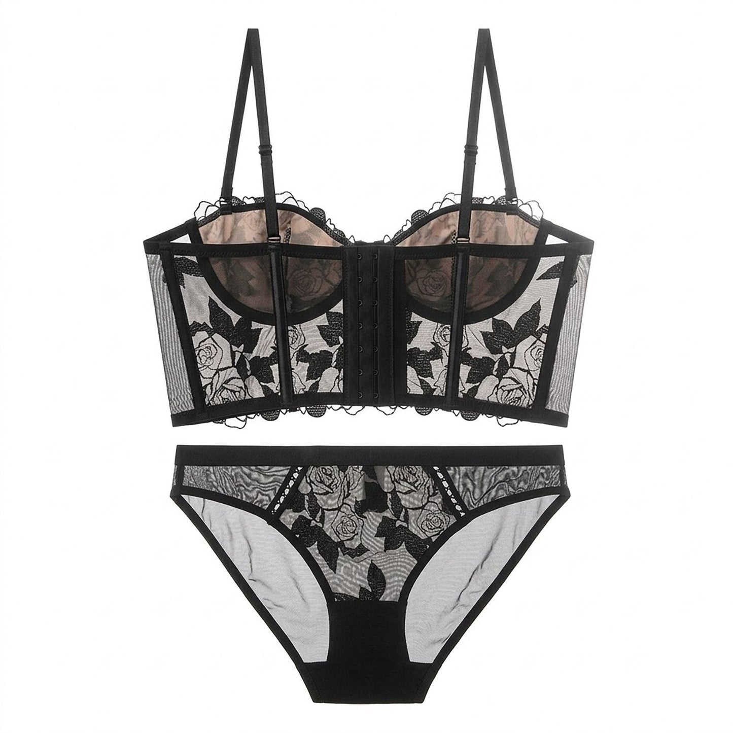 2 Piece Rose Lace Longline Underwire Bra and Panty Lingerie Set