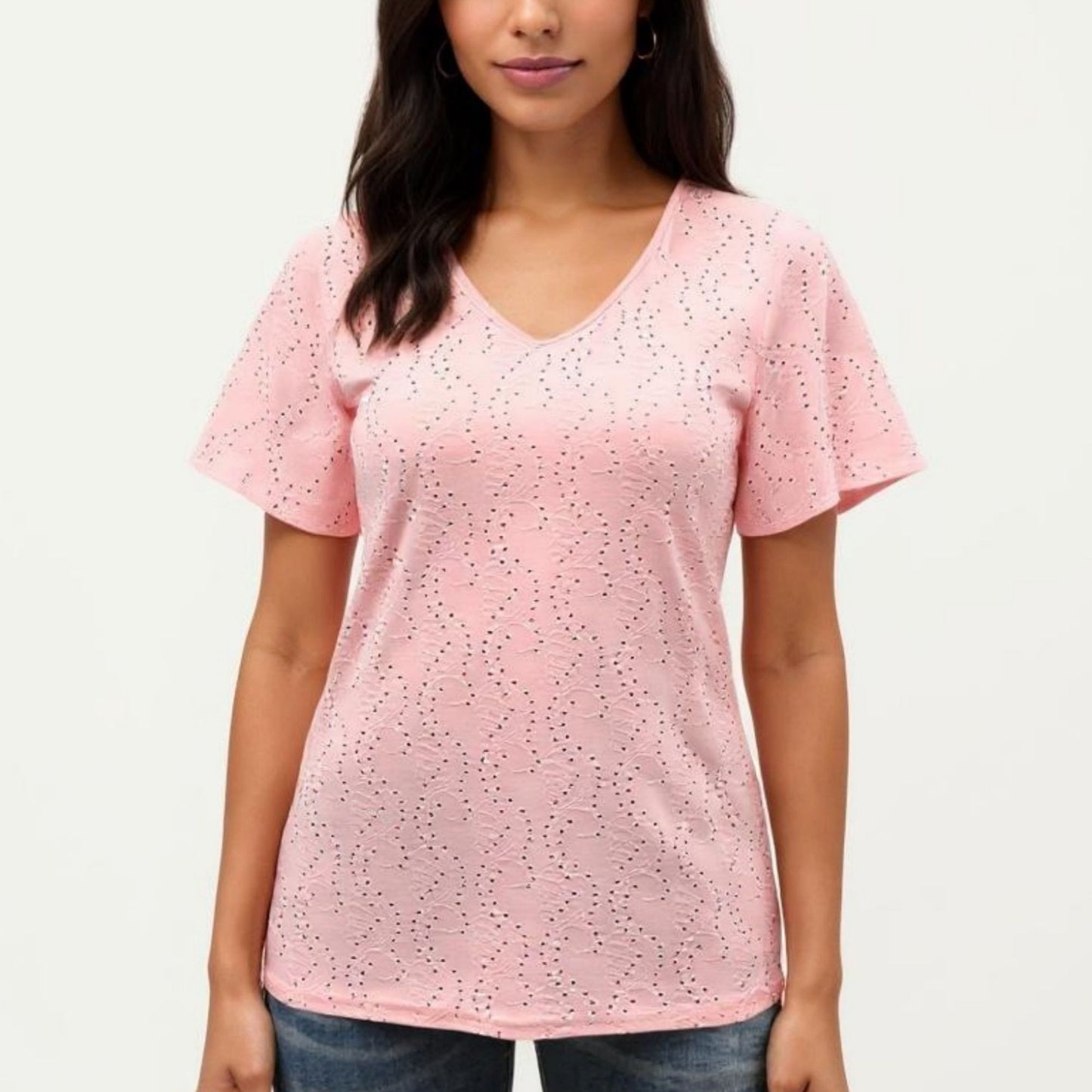 Short Sleeve Eyelet V-Neck Top with Floral Embroidery and Flutter Sleeves
